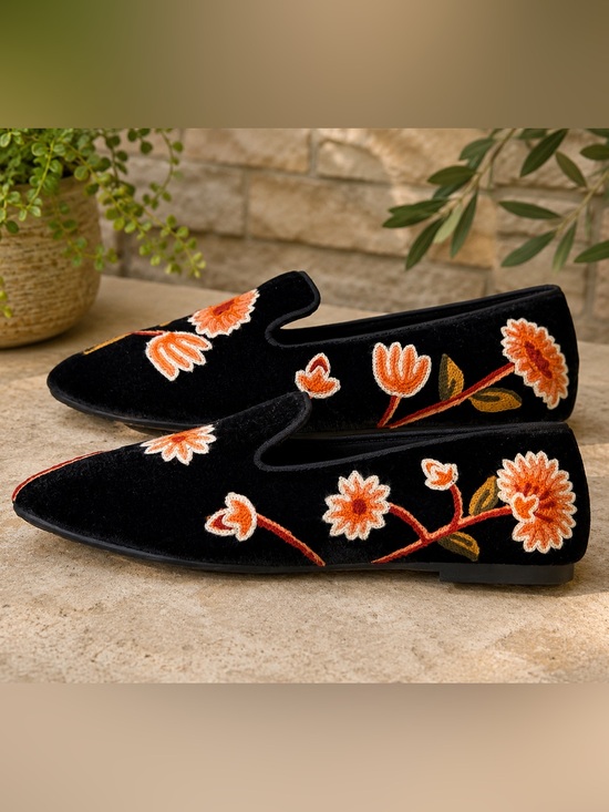 Birdies Shoes - Birdies Black Velvet Slip-On Loafers with Orange Floral Embroidery